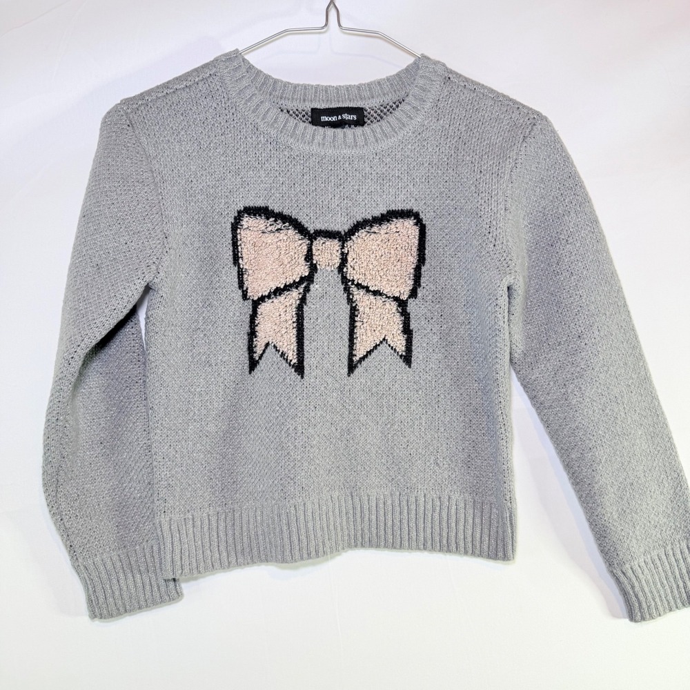 Moon & Stars Girls Gray Knit Sweater Pink Fuzzy Bow Graphic Pullover Size S‎ 7/8